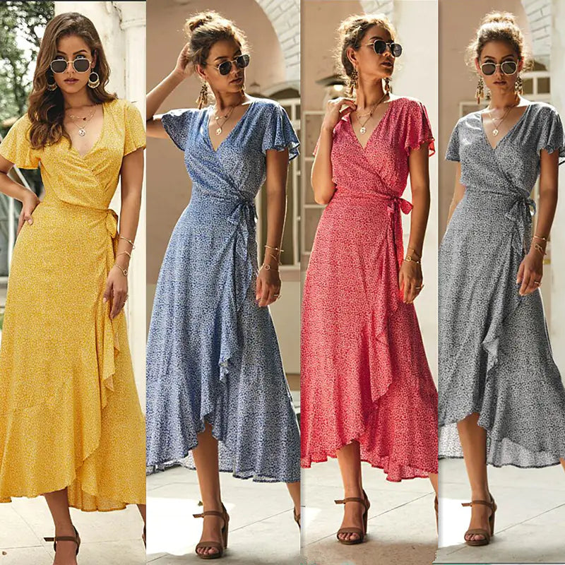 Women's Floral Wrap Midi Dress with V-Neck and Ruffled Hem - Image 4