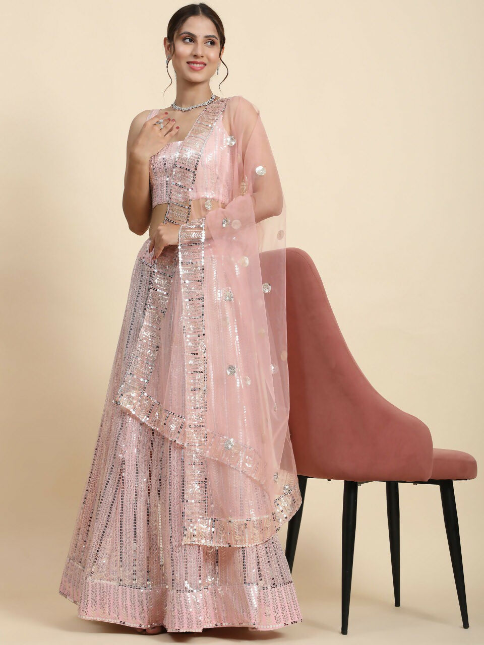 Premium Pink Faux Georgette Lehenga Choli with multi-size sequin embroidery and cancan