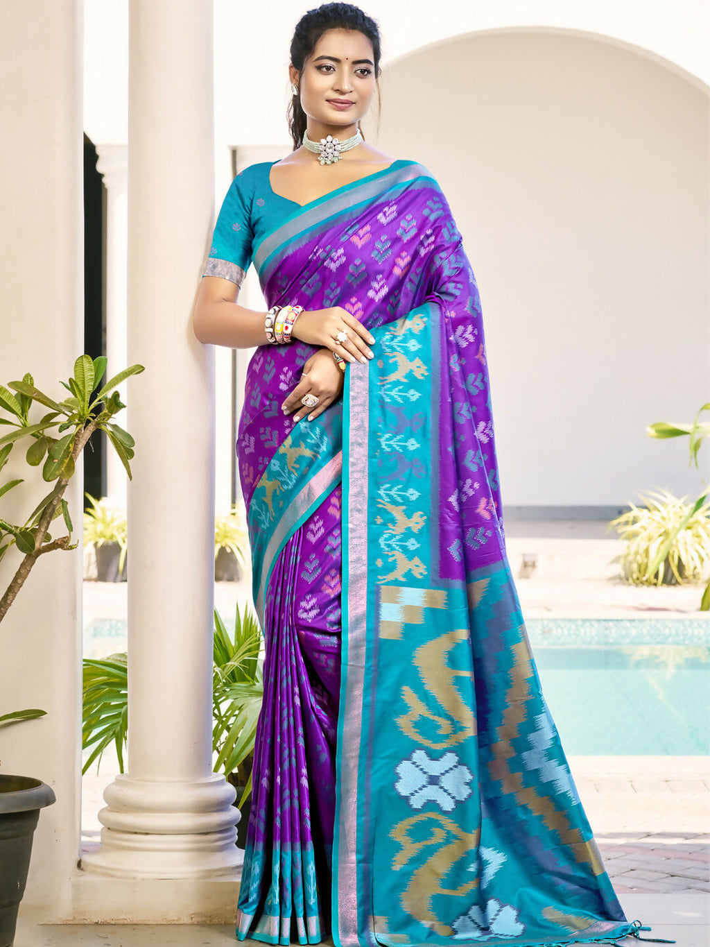 Violet and teal abstract print Pochampalli silk saree for women