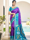 Violet and teal abstract print Pochampalli silk saree for women