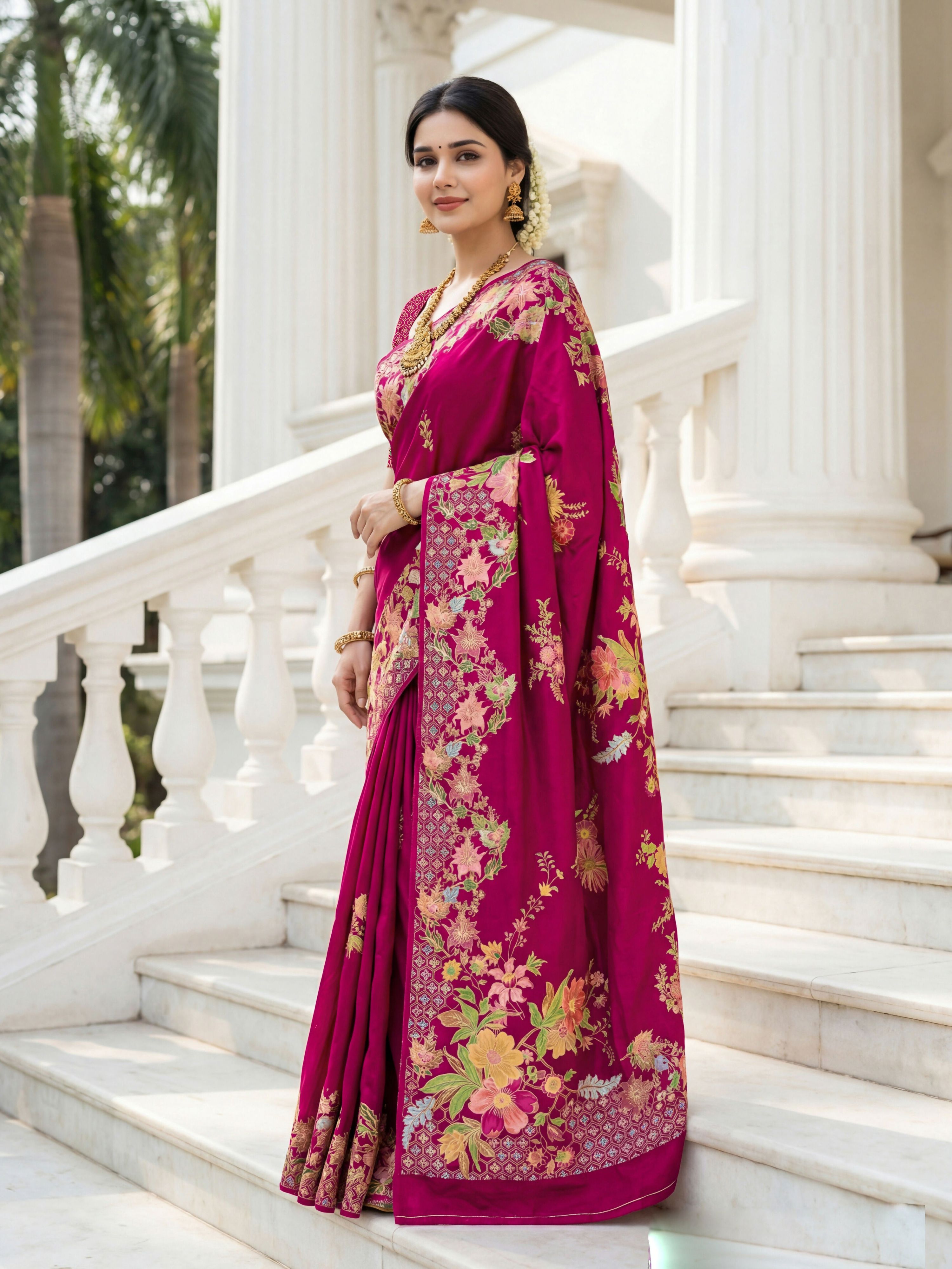Rani Pink Russian Silk Saree with Designer Floral Position Print