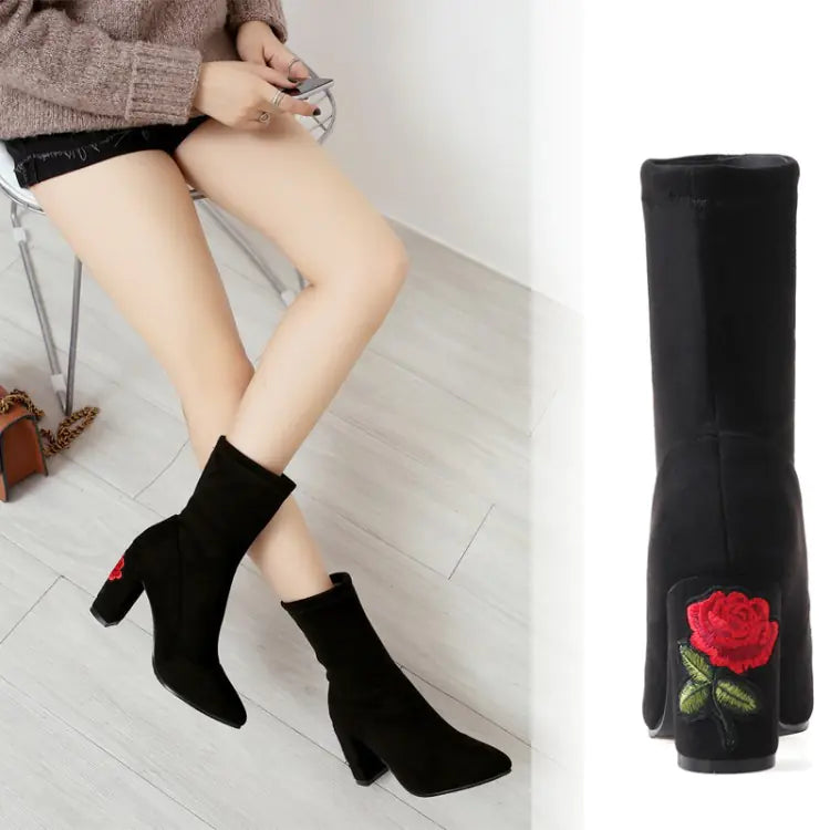 Women's Gray Embroidered Ankle Boots with Chunky Block Heels - Image 24