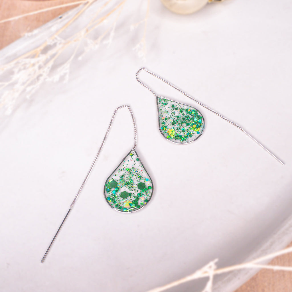 Ngọc Lục Green Glitter Silver Threader Earrings