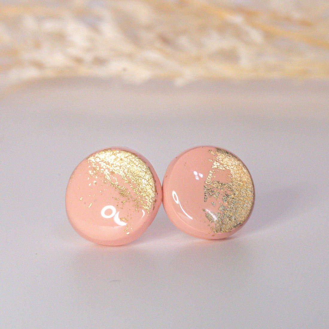 Phấn Mộng pink minimalist stud earrings with hand-crafted gold flakes