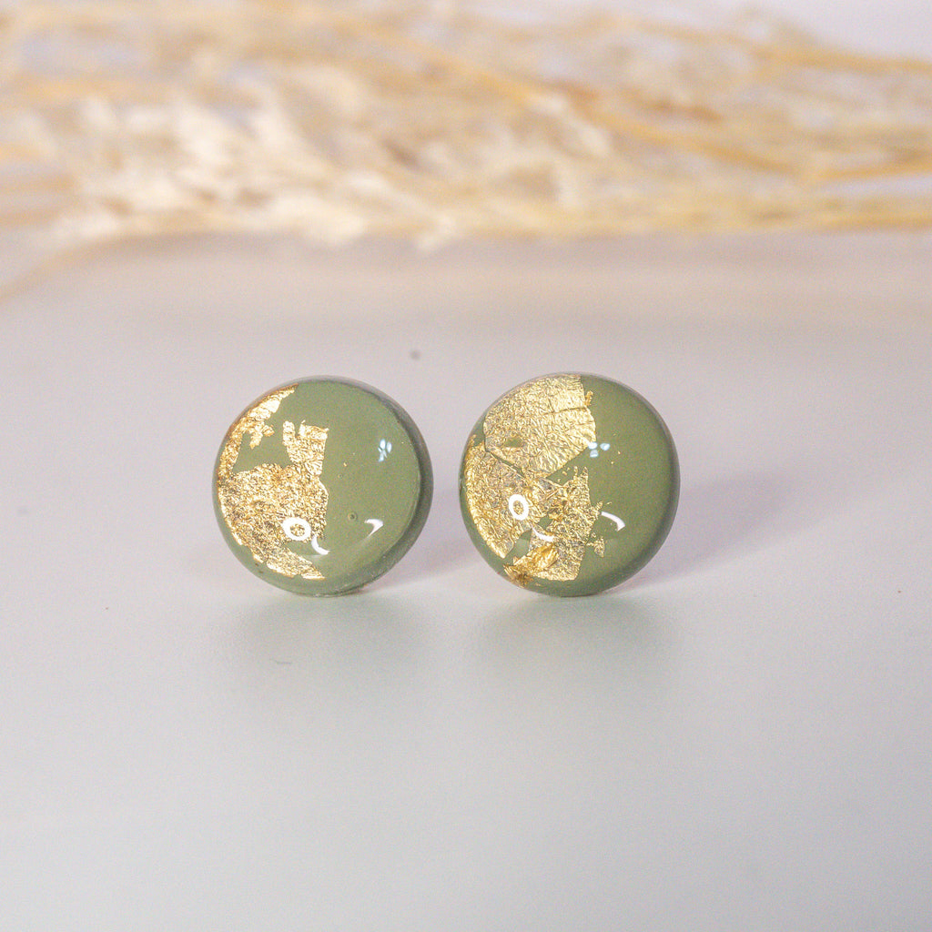 Lá Mơ sage green minimalist stud earrings with gold flake accents