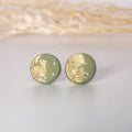 Lá Mơ sage green minimalist stud earrings with gold flake accents
