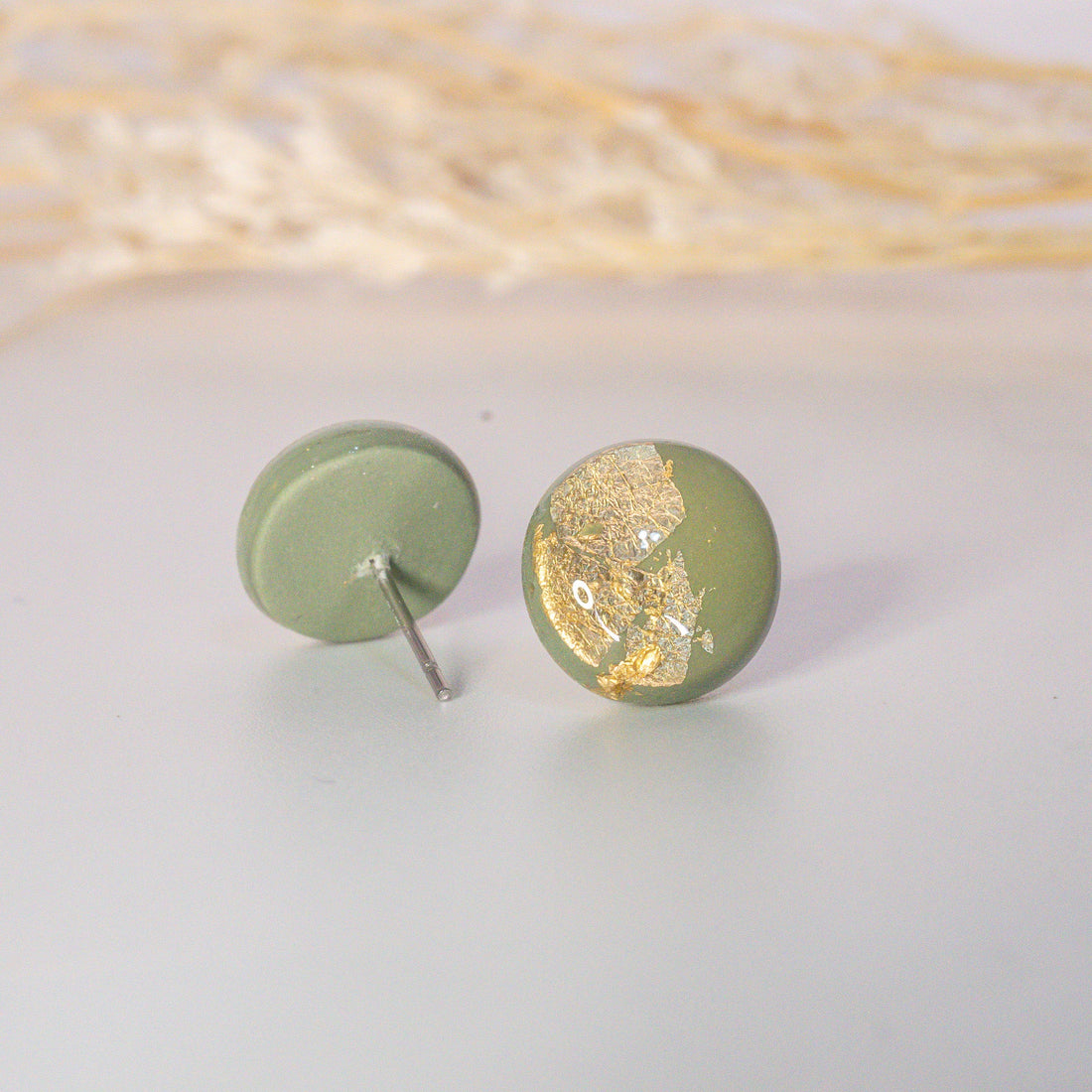 Lá Mơ Sage Green and Gold Flake Minimalist Stud Earrings