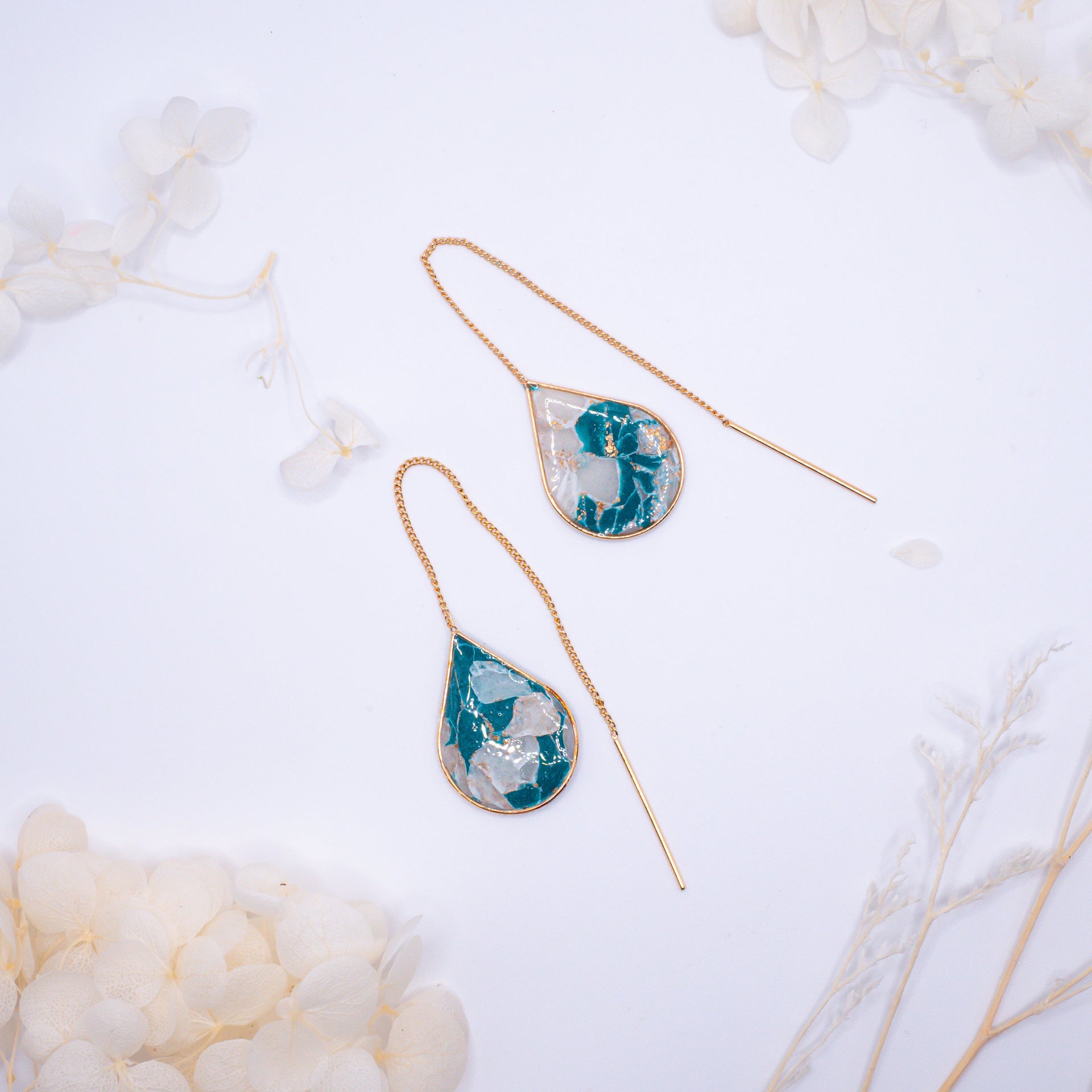 Teal Marble Gold Ear Threaders Lightweight Polymer Clay Earrings