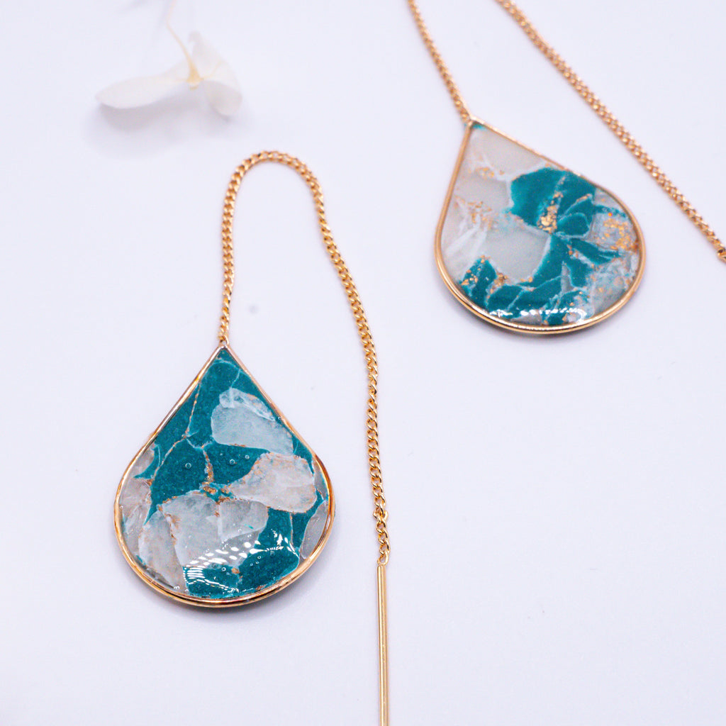 Teal Marble Gold Ear Threaders Lightweight Polymer Clay Earrings