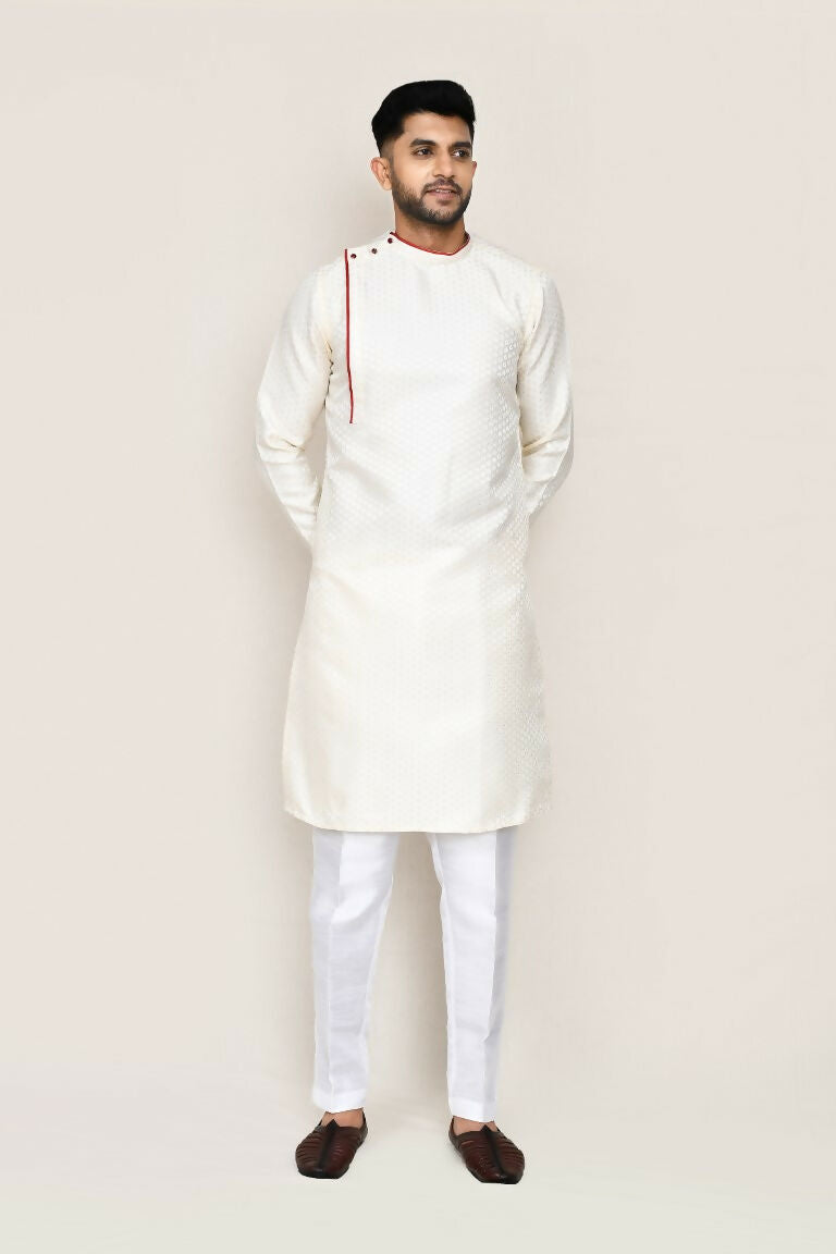 Cream Jacquard Kurta with Straight Fit Pants Set