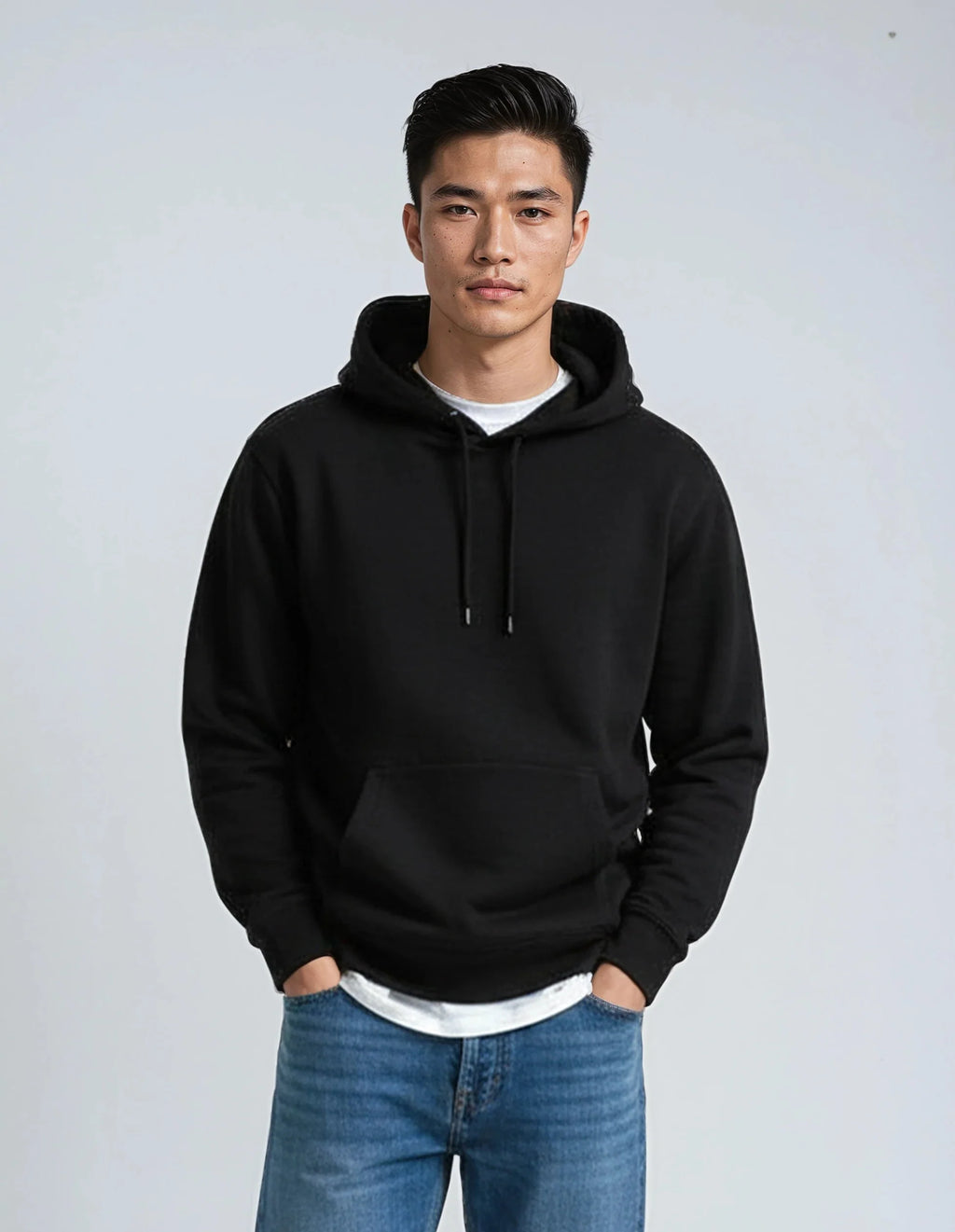 A man wearing a solid black heavyweight pullover hoodie with a front kangaroo pocket against a neutral background.
