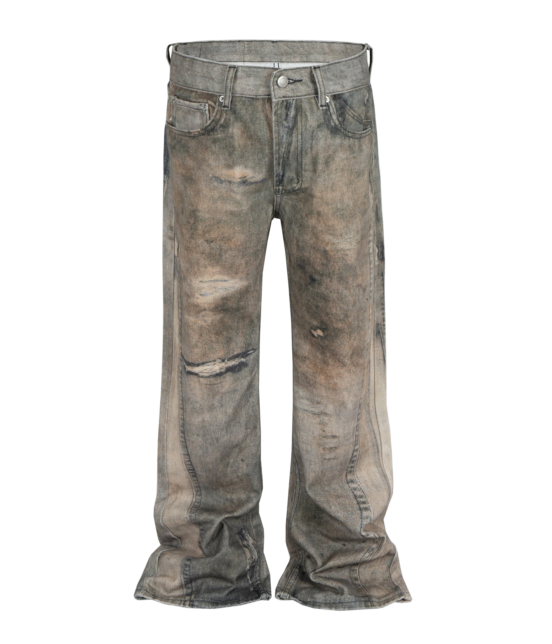 Wideboy Max denim jeans in a light wash with a brown dune print and knee distressing, shown in a straight fit.