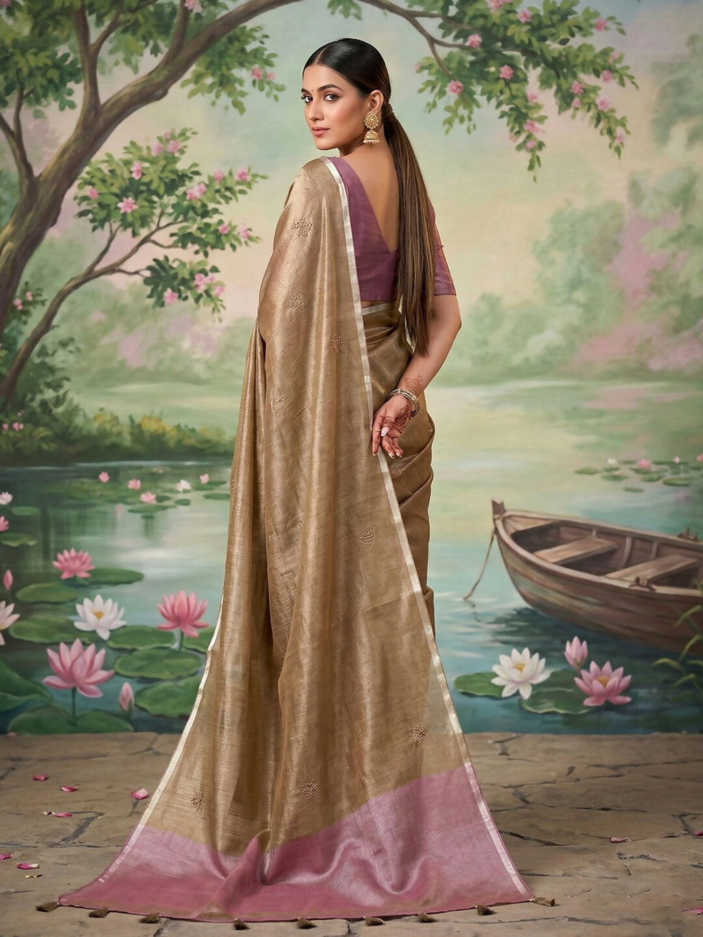 Brown Tissue Silk Saree with Matching Blouse Piece
