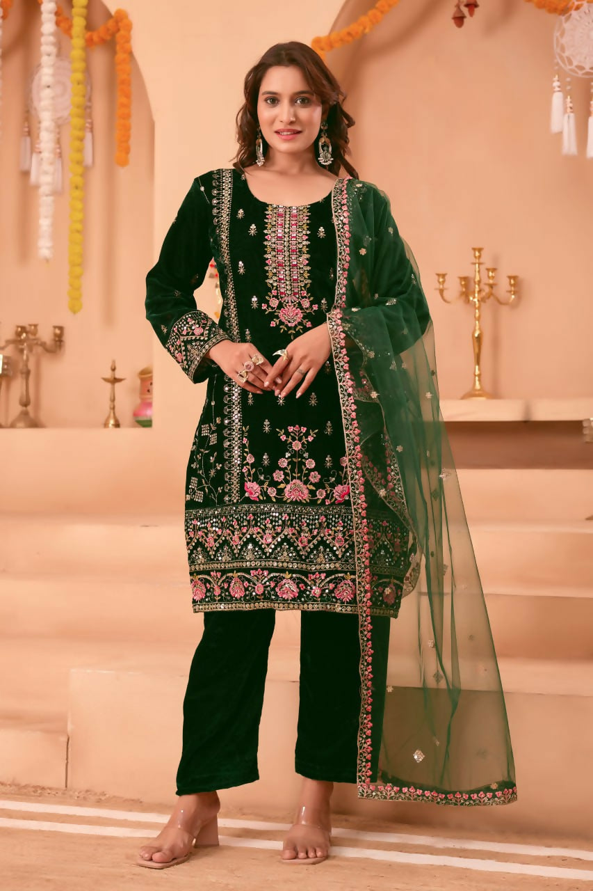 Elegant green velvet kurta set with intricate embroidery and sequence details
