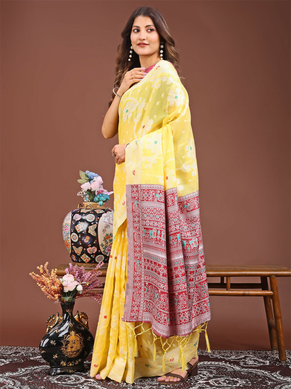 Yellow Linen Cotton Saree with Matching Blouse