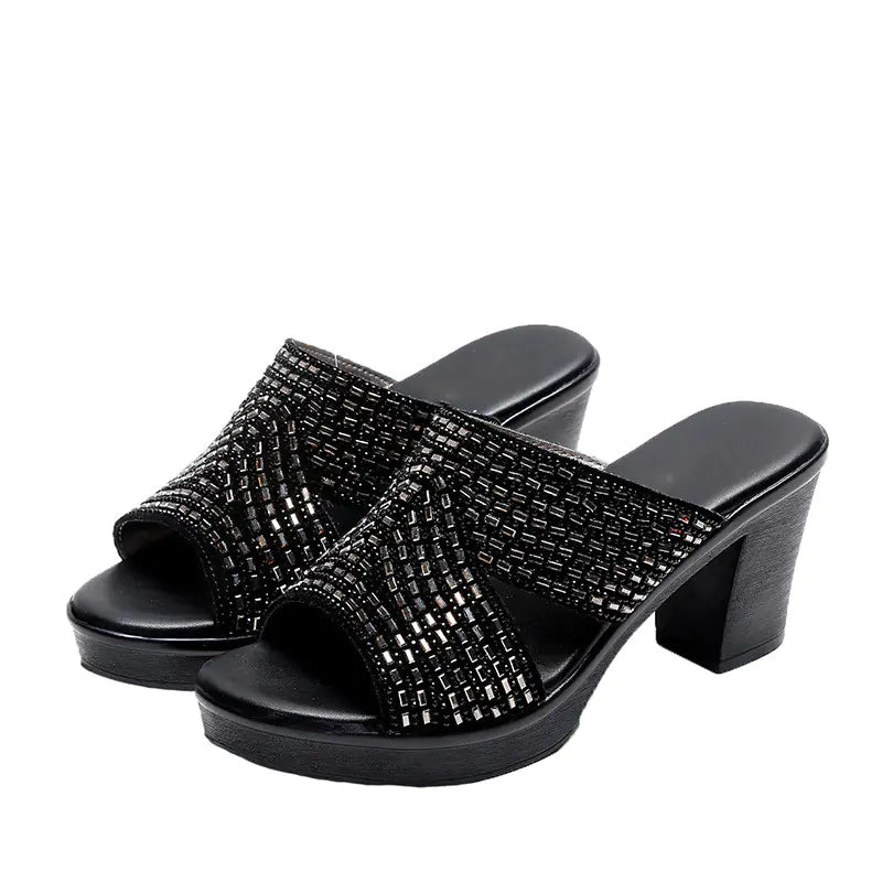Rhinestone Platform Thick Heel High Heels