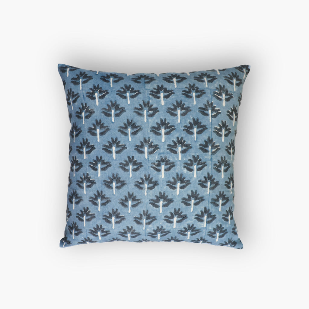 Close up of a Steel Blue Zeenat throw pillow cover with delicate hand-block printed floral patterns on pure linen.
