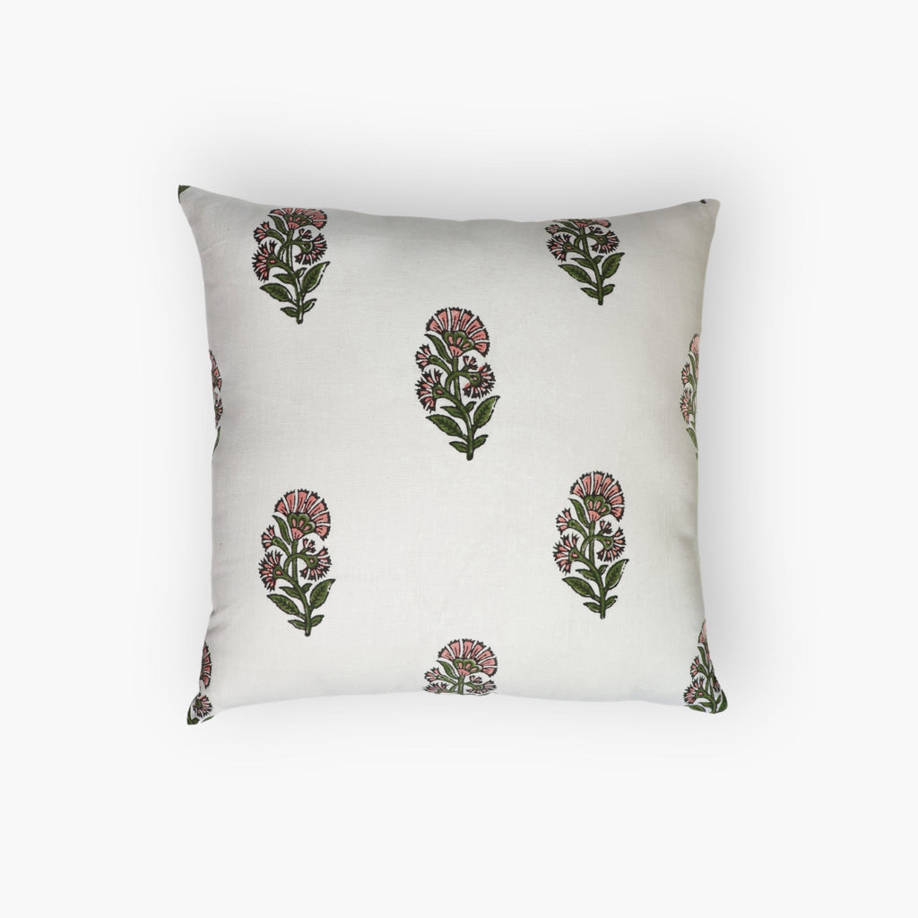 Pink throw pillow cover featuring intricate Mughal-inspired hand-block floral prints.