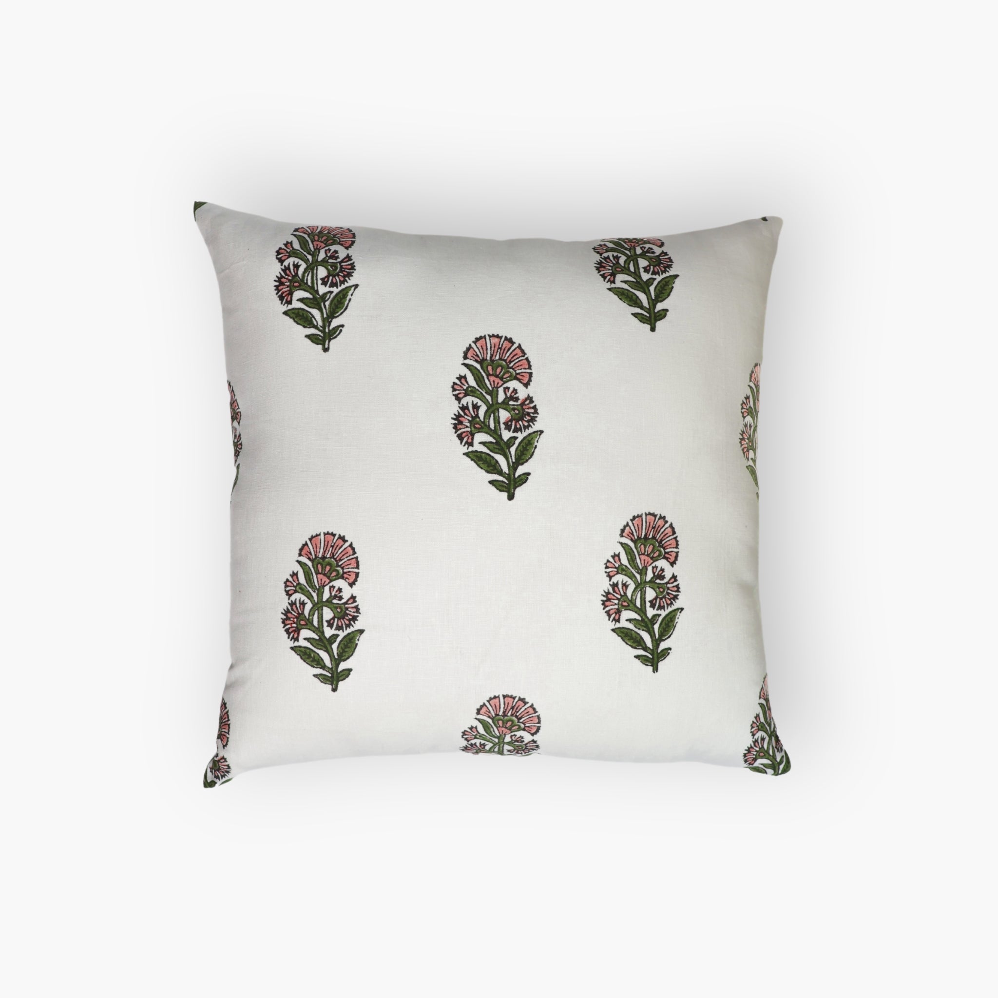 Pink throw pillow cover featuring intricate Mughal-inspired hand-block floral prints.