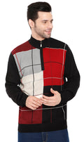 Men's color block quarter zip knit sweater in black, red, grey, and off-white.