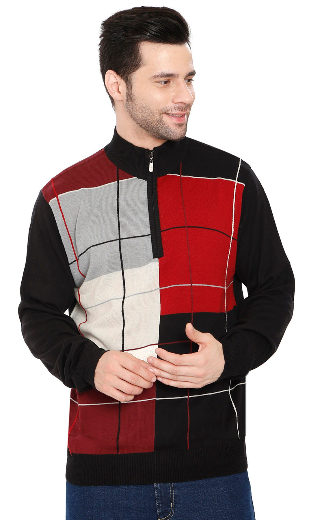 Men's color block quarter zip knit sweater in black, red, grey, and off-white.