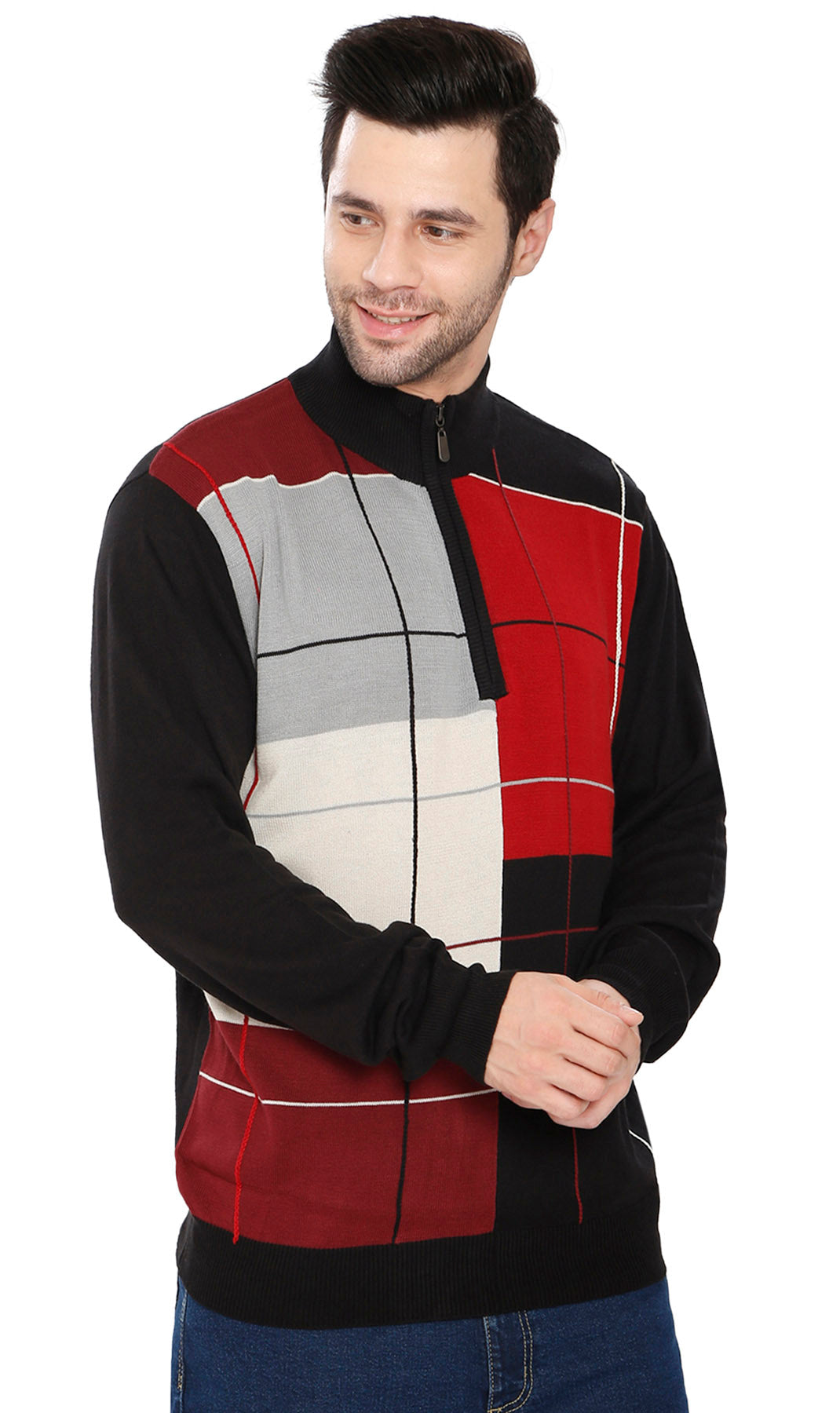 Men's Color Block Quarter Zip Sweater Sporty Knit Pullover