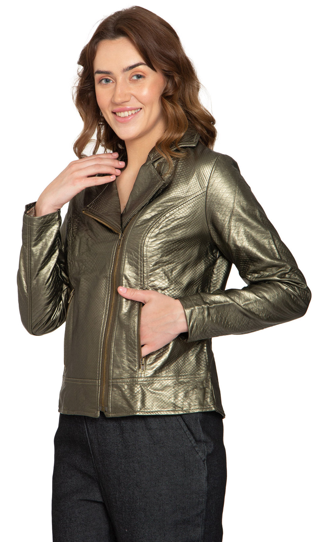Women's Metallic Snake Pattern Asymmetrical Moto Jacket