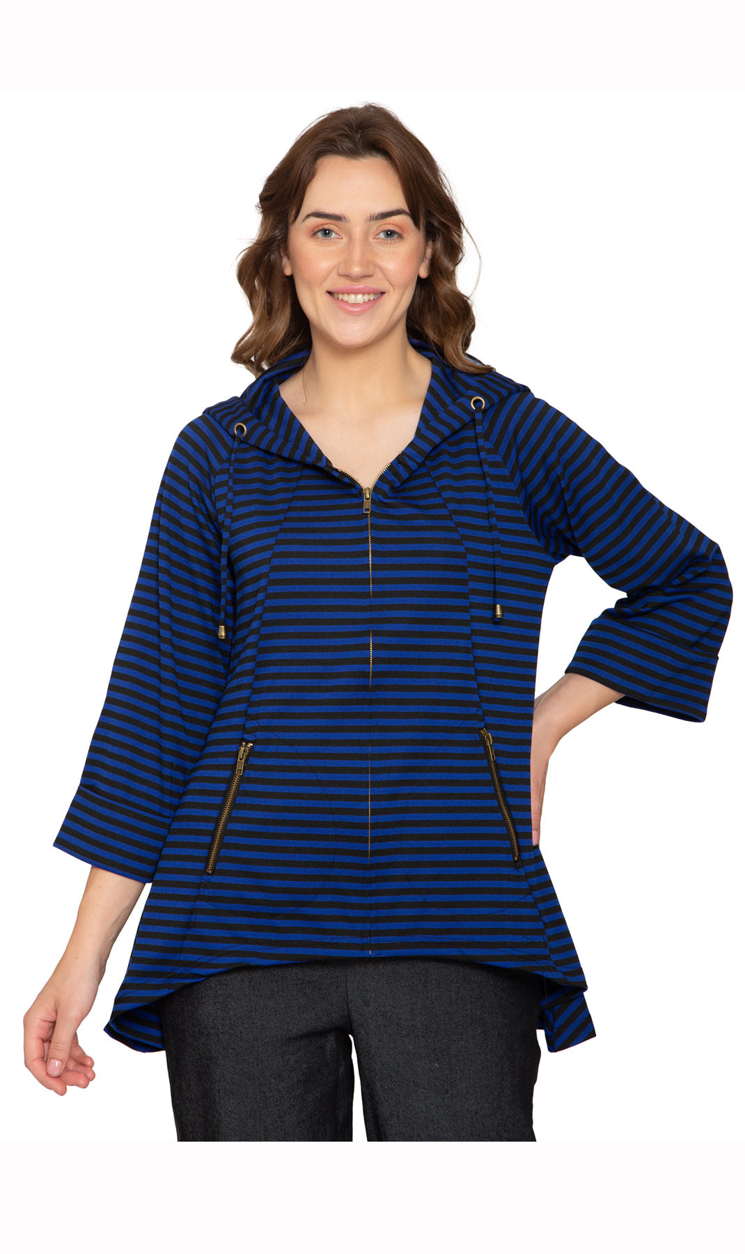 Women's Striped Zip Front High Low Hooded Jacket - Relaxed Knit