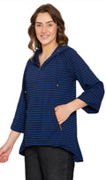 Women's royal blue and black striped zip-front hooded jacket with brass hardware and high-low hem.