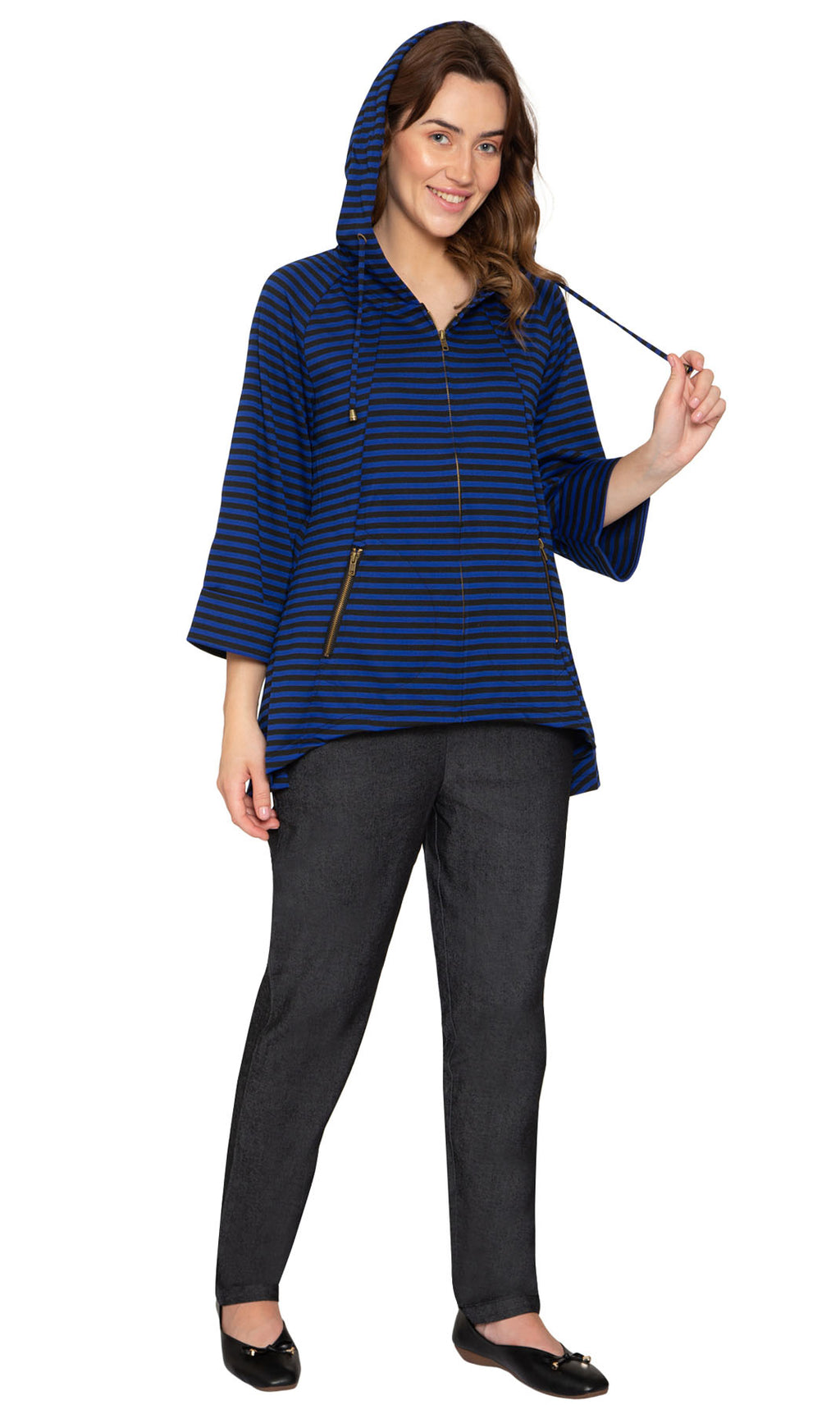 Women's Striped Zip Front High Low Hooded Jacket - Relaxed Knit