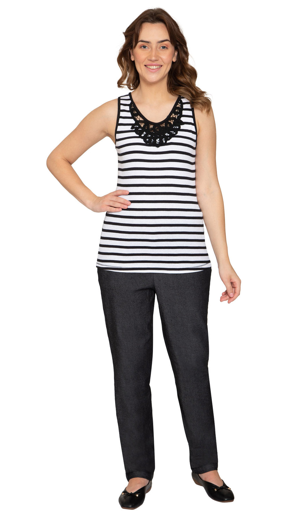 Women's Striped Sleeveless Tank with Crochet Lace Neckline