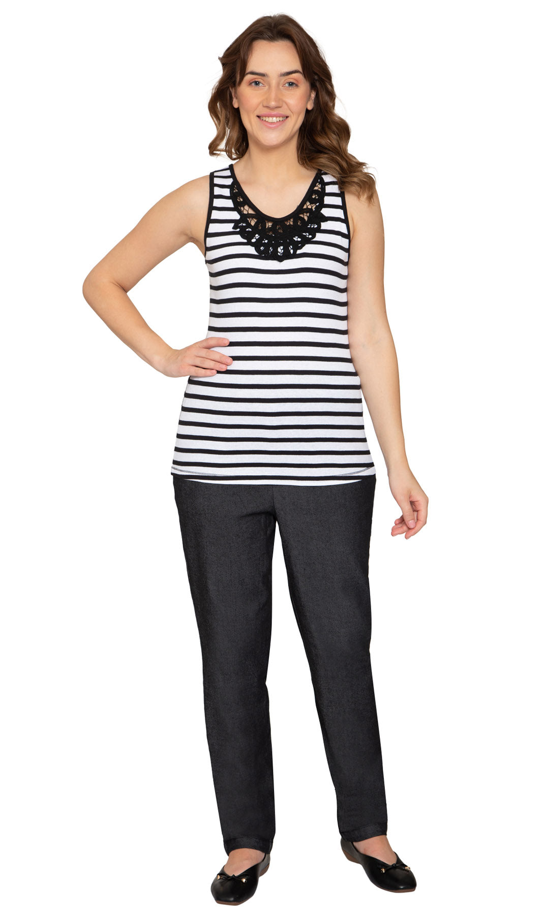 Women's Striped Sleeveless Tank with Crochet Lace Neckline