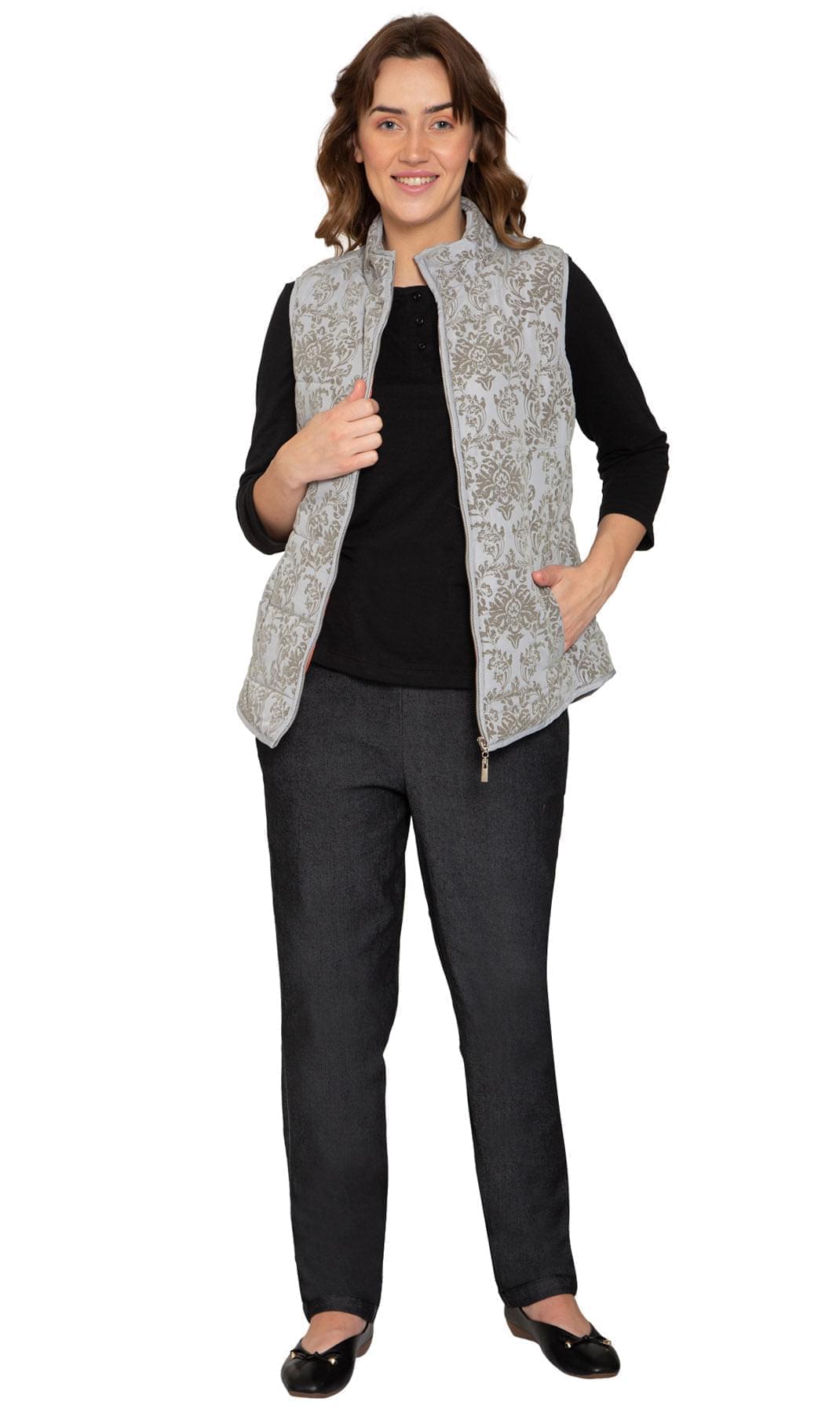 Women's Flocked Damask Print Zip Front Vest in Light-Grey and Taupe