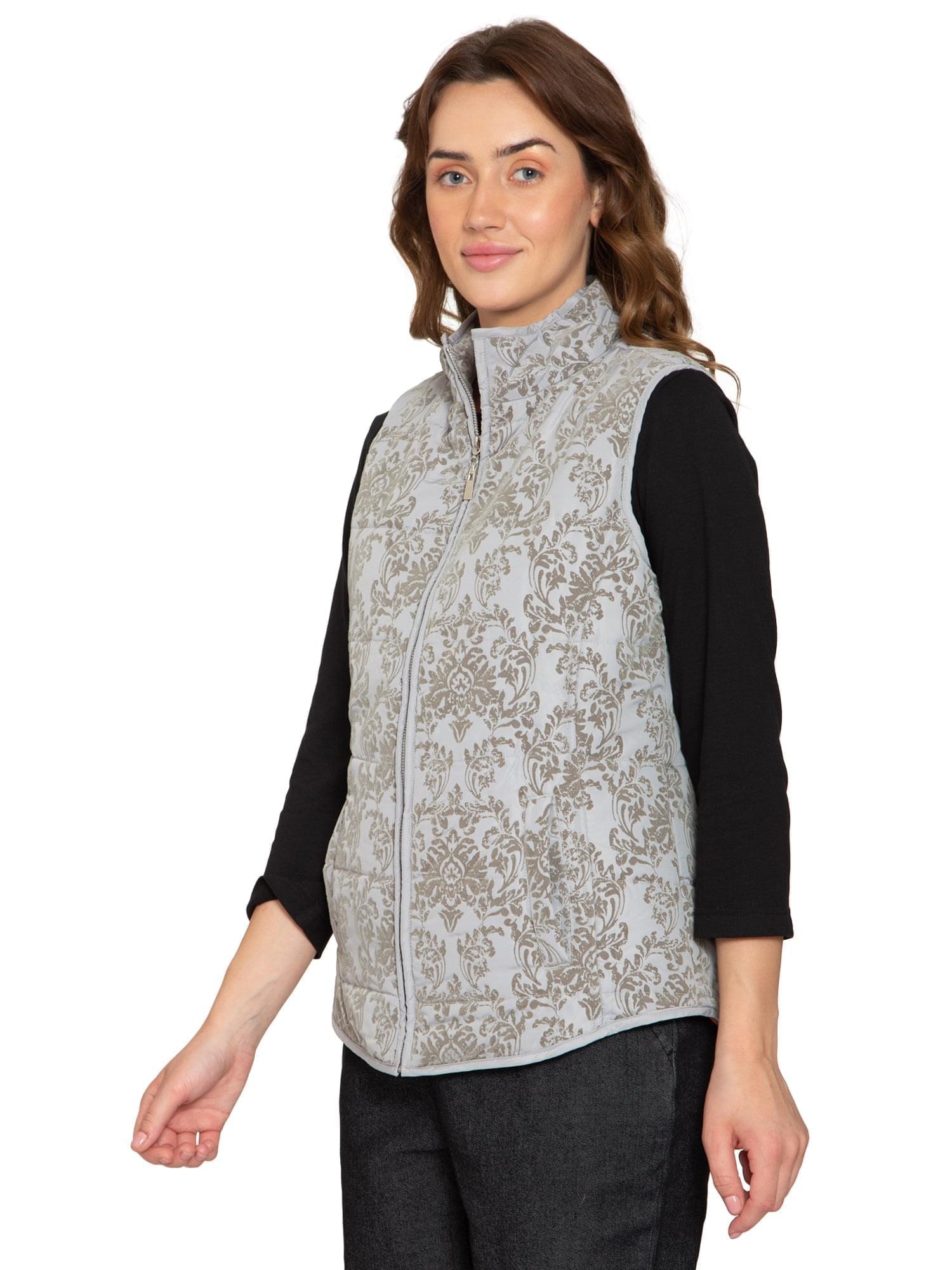 Women's Flocked Damask Print Zip Front Vest in Light-Grey and Taupe
