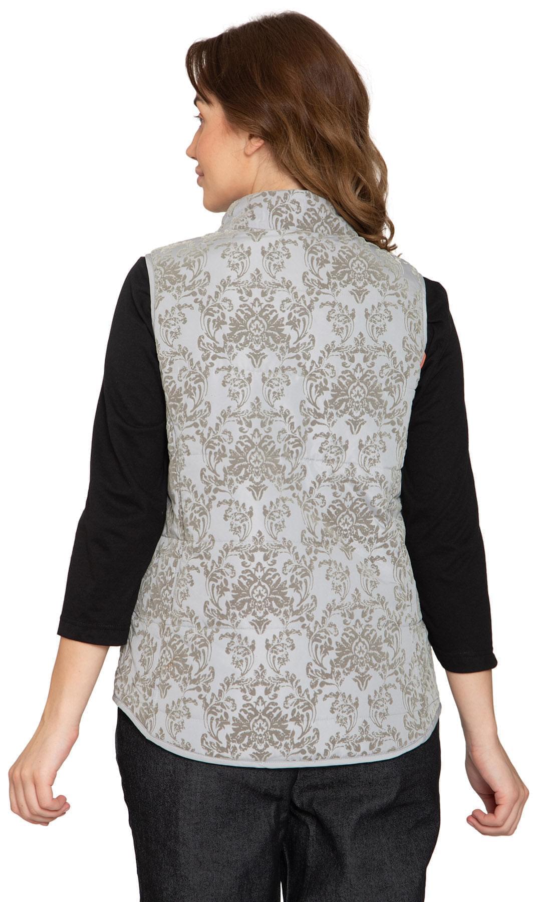 Women's Flocked Damask Print Zip Front Vest in Light-Grey and Taupe