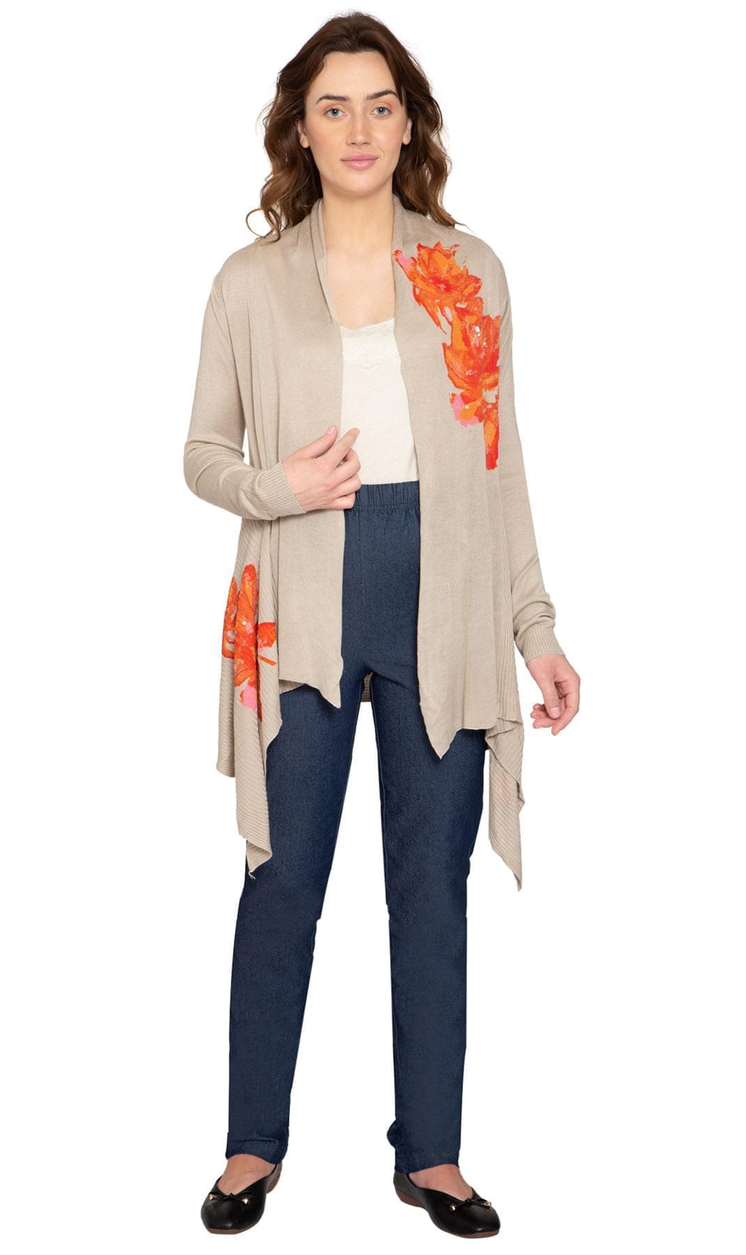 Women's Long Floral Embellished Open Front Cardigan
