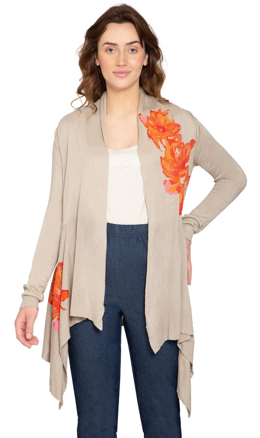 Women's Long Floral Embellished Open Front Cardigan