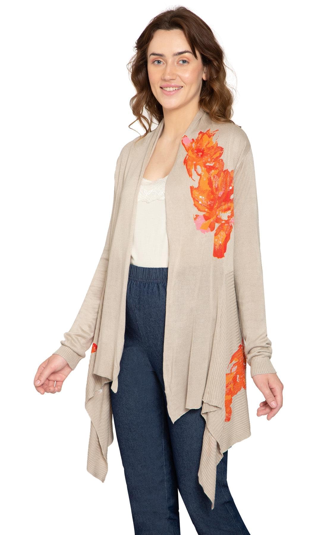 Women's long open-front cardigan with floral embellishments in beige and orange