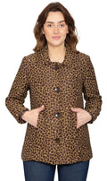 Women's vintage-style tapestry jacket in brown and tan with animal print pattern