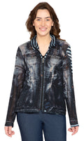 Modern women's zip-front jacket featuring a denim-look mesh fabric with a bold printed pattern.