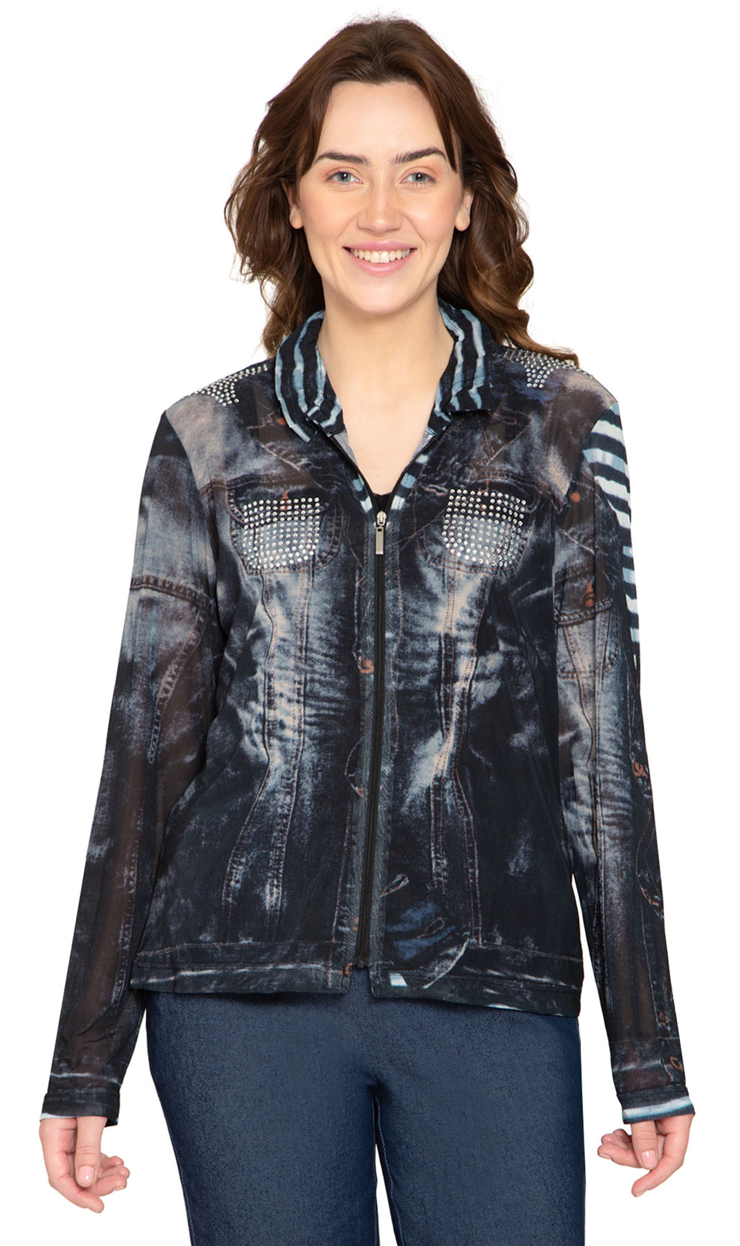 Modern women's zip-front jacket featuring a denim-look mesh fabric with a bold printed pattern.