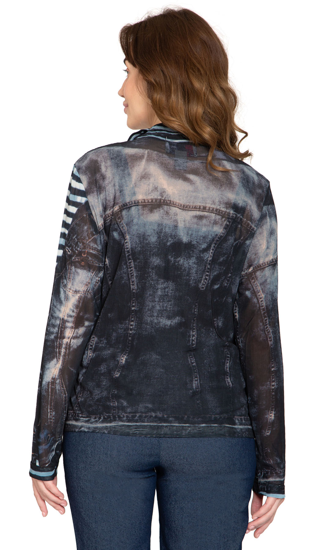 Women's Zip Front Mesh Denim Look Printed Jacket