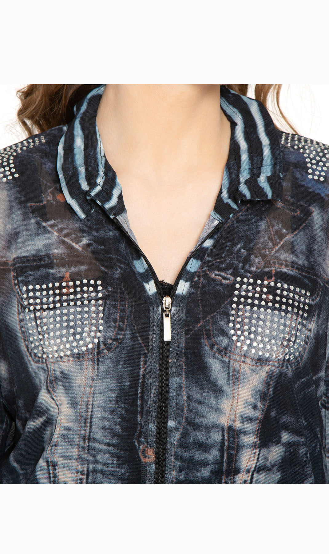 Women's Zip Front Mesh Denim Look Printed Jacket
