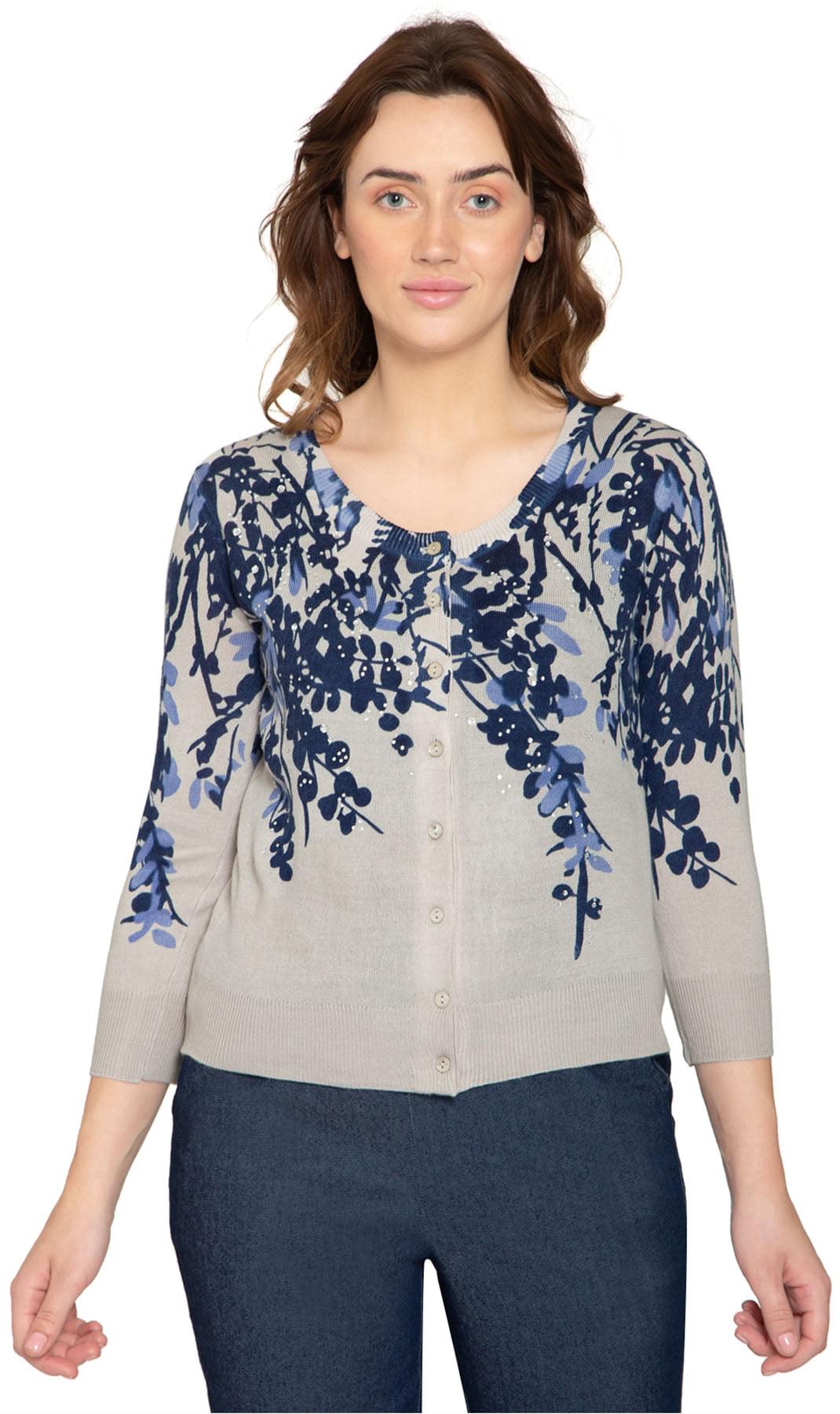 Women's floral print knit cardigan with 3/4 sleeves and decorative embellishments.
