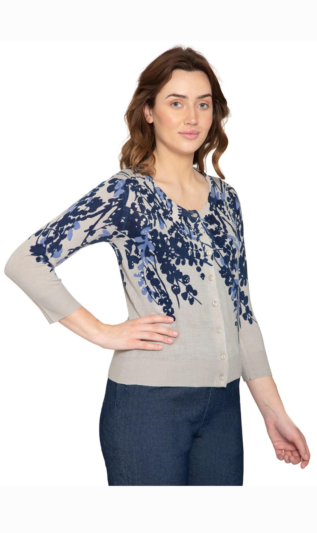 Women's 3/4 Sleeve Floral Print Knit Cardigan