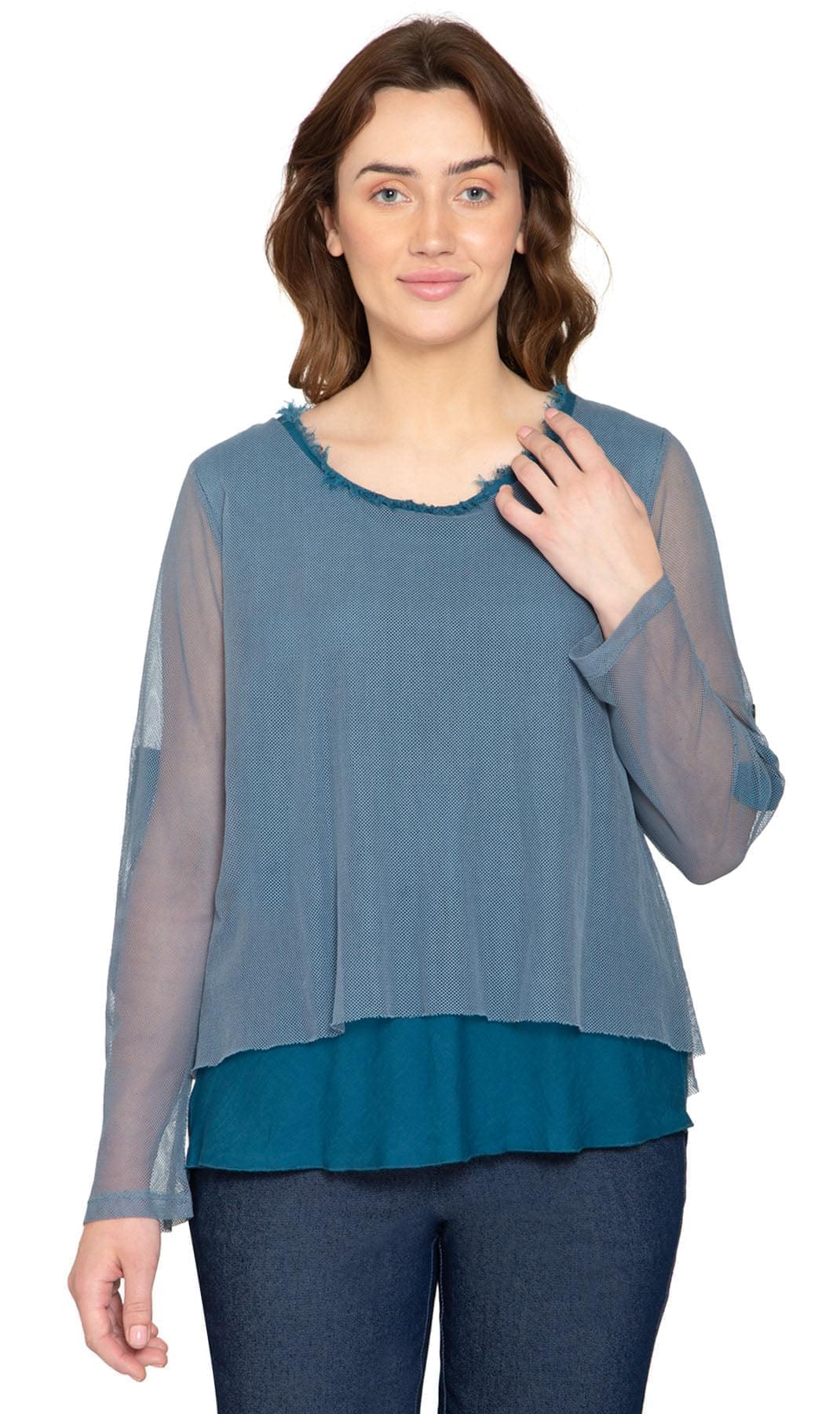Women's blue mesh layered knit top with high-low hem