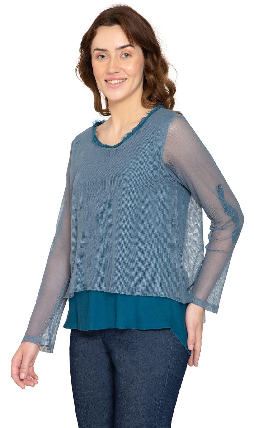 Women's High-Low Hem Mesh Layered Knit Top