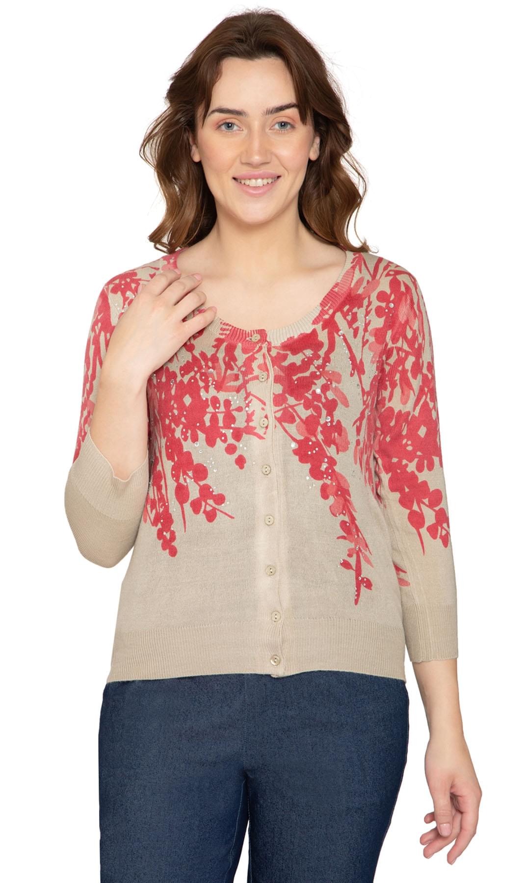 Women's 3/4 Sleeve Floral Print Knit Cardigan