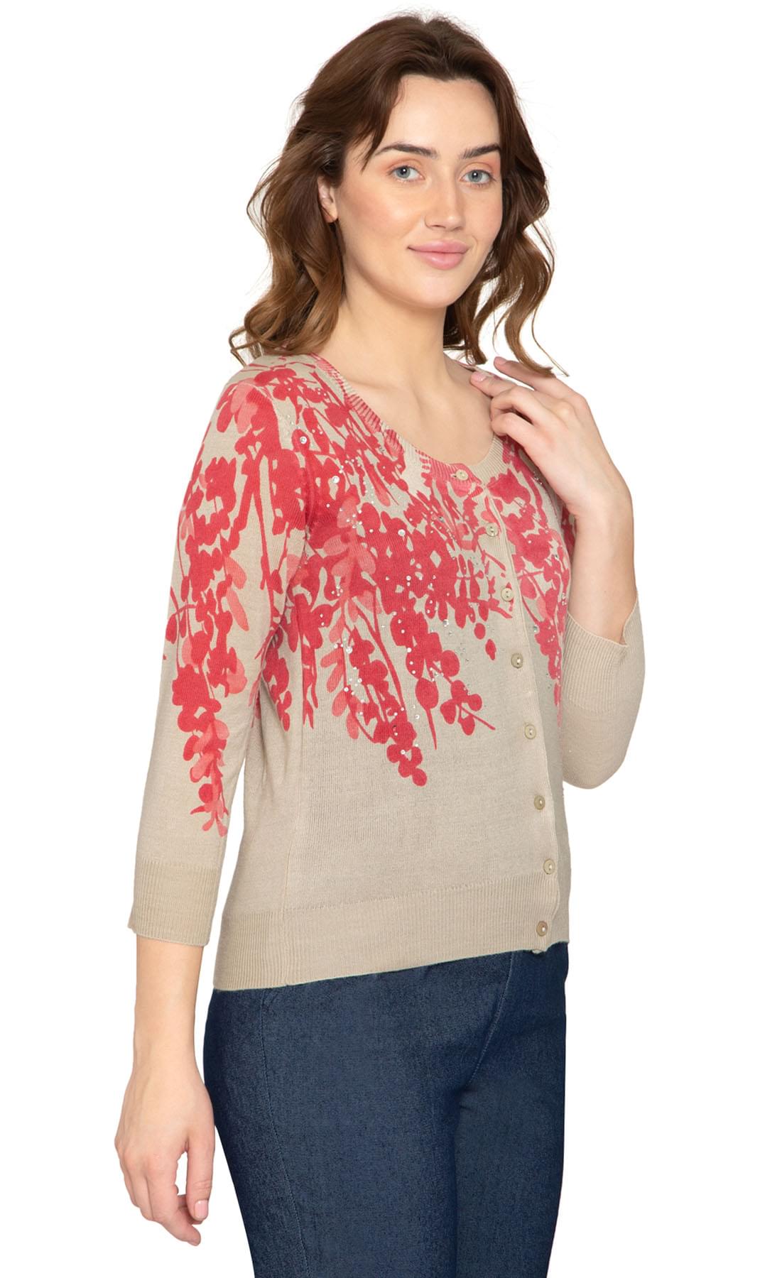 Women's 3/4 Sleeve Floral Print Knit Cardigan