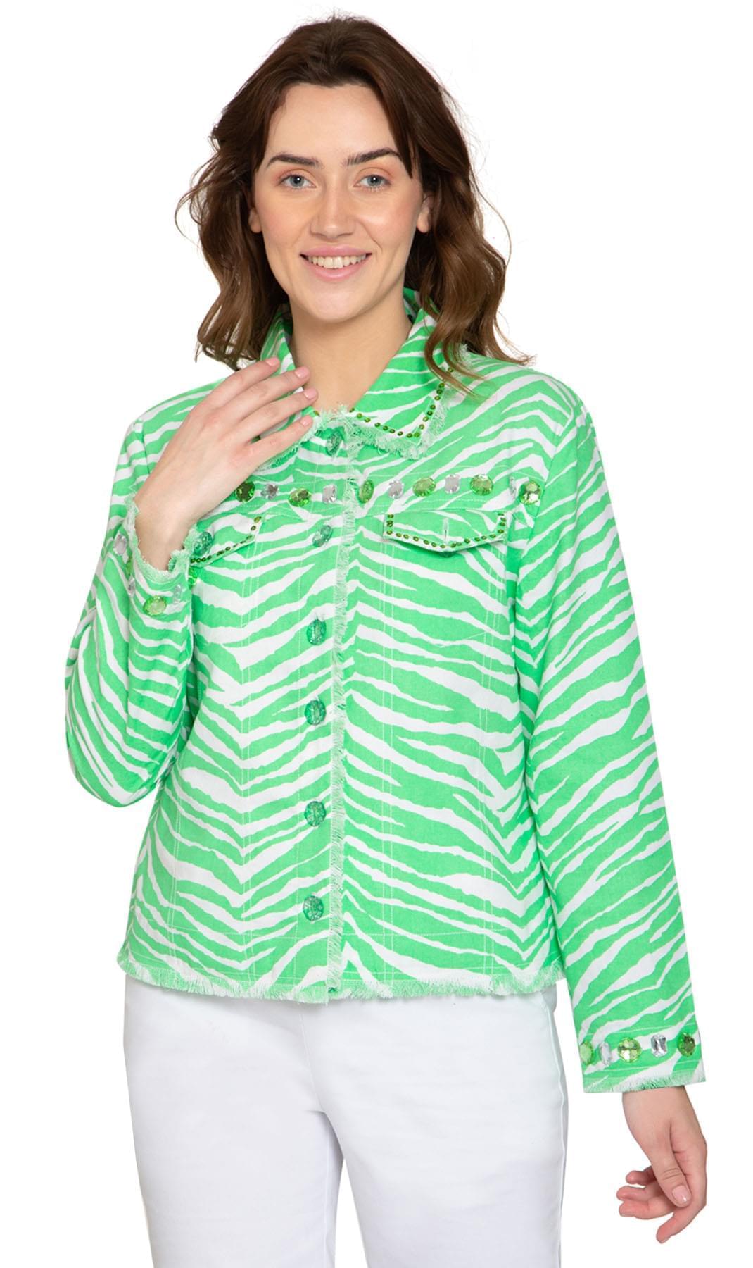 Green and white zebra print canvas jacket with jewel embellishments displayed as a statement outerwear piece.